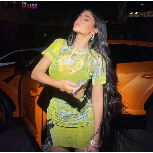 Weird Puss Y2K Two Piece Set Women Letter Print Sexy Club Summer Short Sleeve T-Shirt+Mini Skirt See Through Matching Outfits