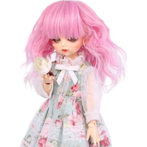 MUZIWIG 1/6 BJD Doll Hair Wig Middle Length Bangs Curly Hair DIY Dolls Accessories Gradient Pink Wavy Wig For DIY BJD Doll