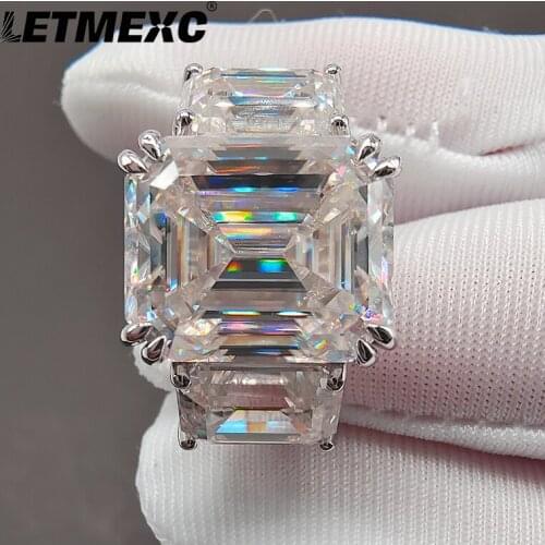 LETMEXC high-end Emerald Cut Moissanite ring customized D Color main stone 10x12mm secondary stone 6x8 VVS1 with Certificate