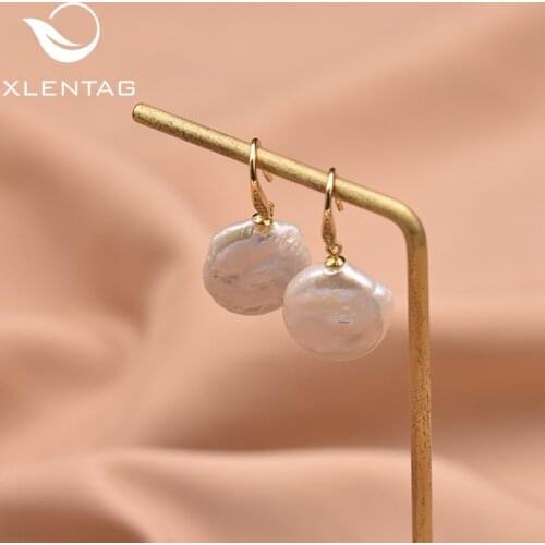 XlentAg Natural Baroque Round Flat Pearl Drop Earrings For Women 925 Sterling Silver Dangle Earrings Luxury Fine Jewelry GE0629