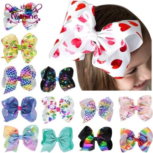 Nishine 7 Inch Big Ribbon Bow Hair Clip Unicorn Heart Stripe Rainbow Hair Bows Clips Children Girls Head Wear Hair Accessories