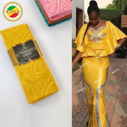 Yellow Bazin Riche Fabric 2021 Bazin Riche African Senegal Top Class Nigerian Indian Women Bazin Riche Wedding Fabrics