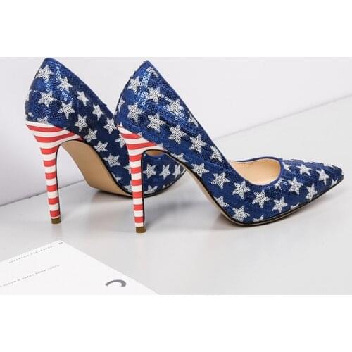 US4-11 Womens Pointed Toe Sequins Star Bling Match Colors Stilettos High Heel Pumps Low Top Sexy Leather Shoes Plus Size