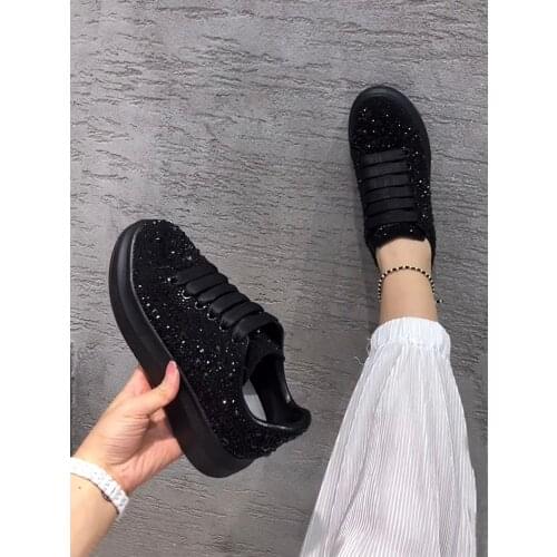 Womens Shoes Platform Crystal Round Toe Modis Casual Female Sneakers Autumn Clogs Rhinestone Small 2020 Fall New Lace-Up Solid