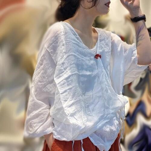 QPFJQD Ladies V-Neck Half Sleeve Button Belt Linen Shirts 2021 Summer Autumn Solid Color Women Loose Retro Casual Blouses