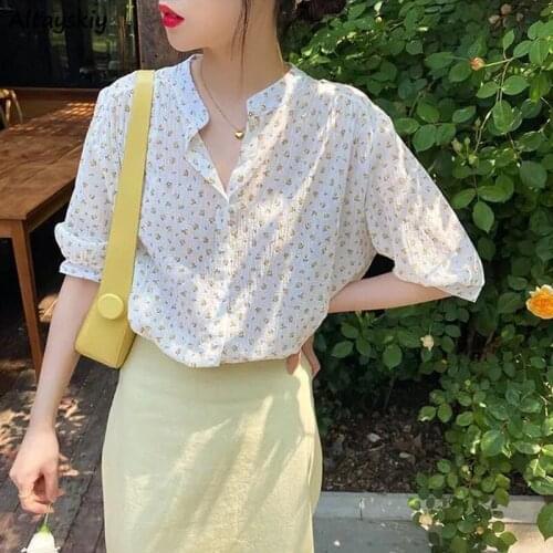 Shirts Women Sweet All-match Vintage Floral Female Summer Korean Style Retro Puff Sleeve Loose Thin Tops Fairy Elegant Fashion