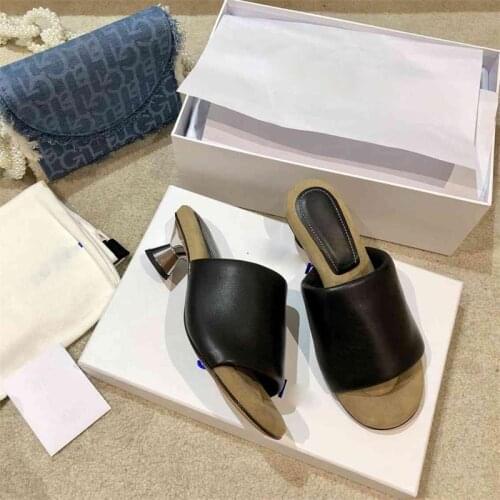 2021 Summer Women High Heels Slippers 5cm Open Toe Black Leather Slides Apricot Knit Ladies Outside Shoes High Quality