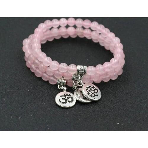 Women Bracelet Natural Pink Stone OM Lotus Beads Bracelet Charm Chakra Yoga Medition Buddha Bracelets For Women Jewelry Gift