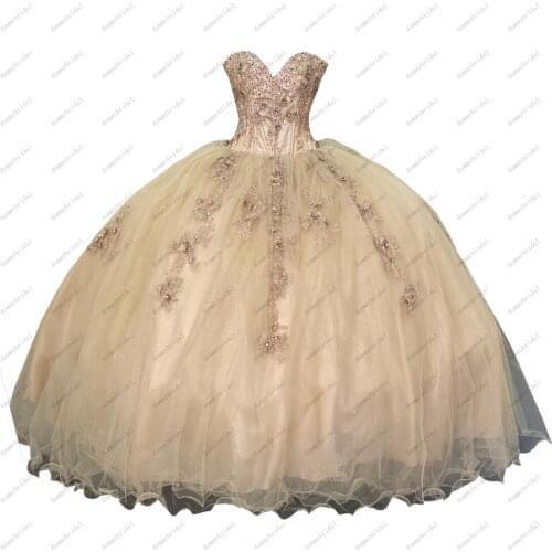 Modern Champagne Sweetheart Long Cheap Quinceanera Party Dresses Applique 2021 Vestidos De 15 Anos Sweet 16 Evening Formal Gown
