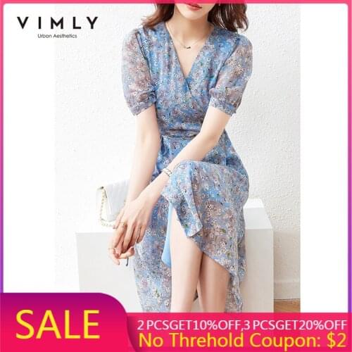 VIMLY Floral Dress For Women Summer V Neck Puff Sleeve Dresses Elegant High Waist Long Dresses Vintage Female Vestidos F7115