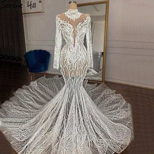 Serene Hill Dubai Luxury White Mermaid Pearls Wedding Dress 2021 Long Sleeves Bridal Gown High-End Custom Made CHM67140