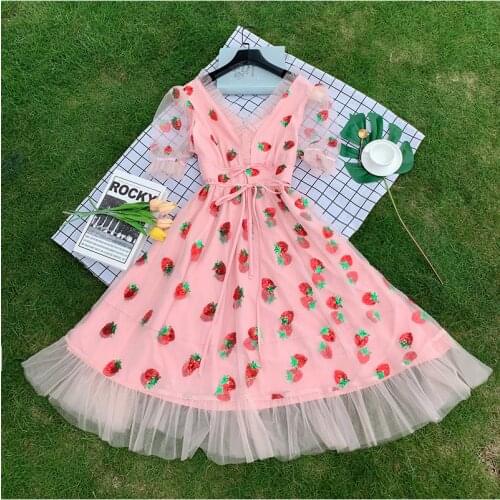 Sequins Strawberry Dress Women Vintage Party Dress Fairy Embroidered Strawberry Mesh Sexy Puff Sleeve Female Elegant Dress Robe