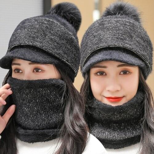 Winter Women 2Pcs Set Pompom Visor Beanie Hat with Scarf Knitted Plush Lined Skullies Baseball Cap Windproof Neck Warmer