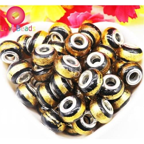 10Pcs Black Glitter Silver Plated Large Hole Round Shape European Murano Charm Bead Fit Original Pandora Bracelet Snake Chain