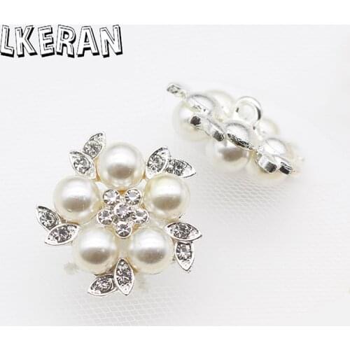 10Pcs 25mm Pearl Rhinestone Buttons Silver Metal Button Diamante Flower Crystal DIY Sewing Hair Clip/Bows Clothing Decoration