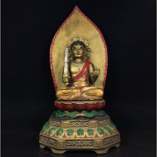 14" Tibet Buddhism Old Bronze Painted Fudo Mingwang Fudozun Bodhisattva Strong compassion Unshakable Enshrine the Buddha