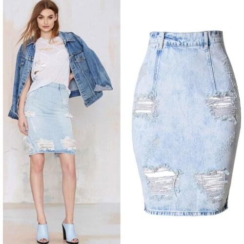 2018 Women Summer Skinny Denim Pencil Skirt Ripped Hole Jean Split Bodycon Skirts Sexy Zip