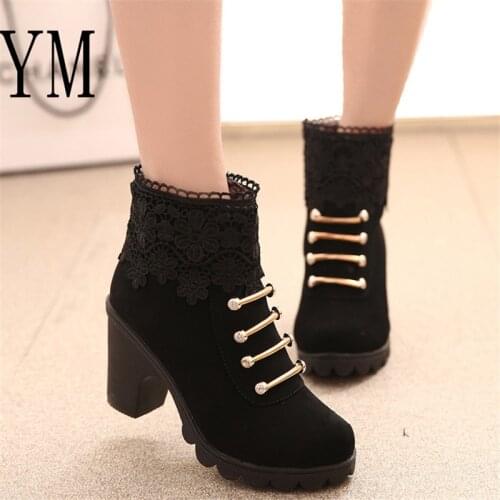 Sexy Hot Women PU Pattern Ankle Boots shoes Lace Cuff Thick Heel Women Boots Fall Winter Fashion Black Martin Women Shoes mujer