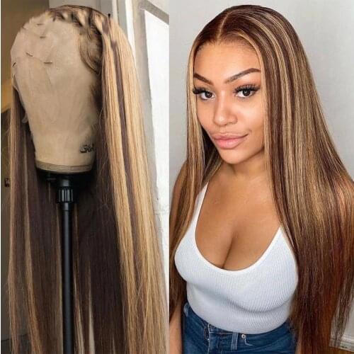Brazilian Highlight Ombre Brown Color Wig 100% Human Hair Straight Transparent 13*4 Lace Front Wig with Baby Hair For Women
