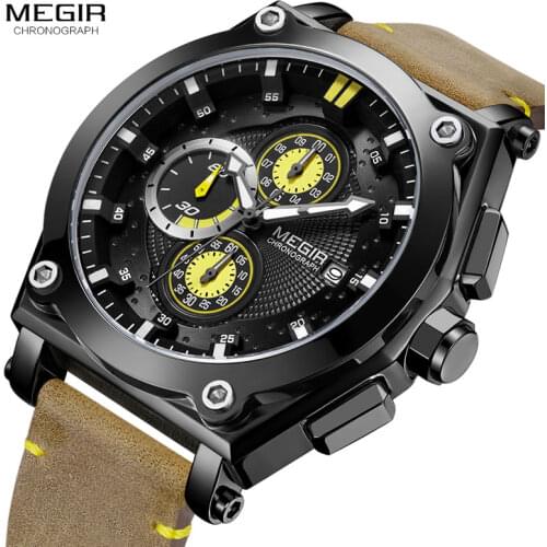 Megir Mens Brown Leather Strap Quartz Watches Chronograph Sports Wristwatch for Man 3 ATM Waterproof Army Clock 2098 Black