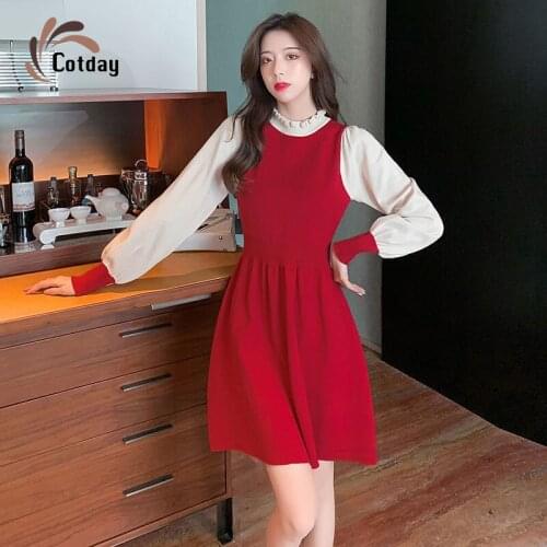Cotday Black 2021 New Vintage Womens Spring Autumn Dresses Fake Two Patchwork Close Your Waist Fashionable Elegant Long Dress