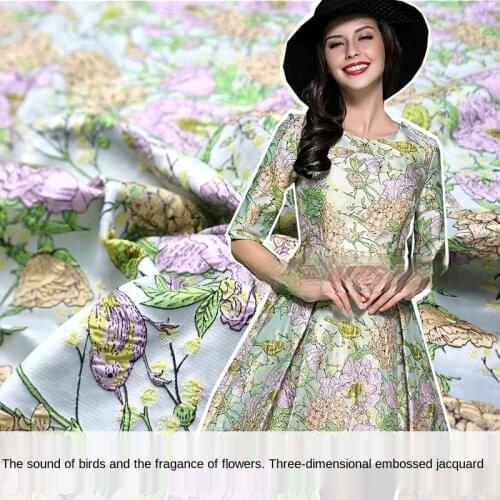 Birds and flowers three-dimensional embossed yarn-dyed jacquard fabric, sewing fabric factory shop is not out of stock