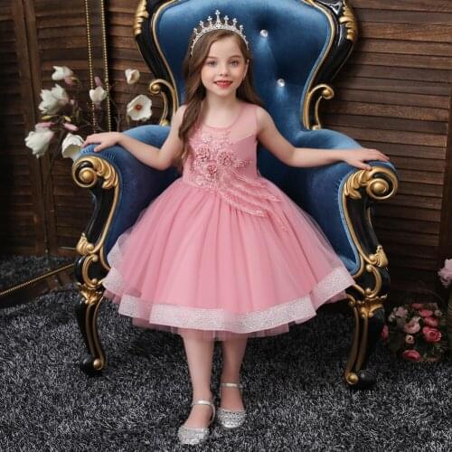 Girls Princess Dress Kids Girls Longuette 3D Embroidery Netting Mesh Fluffy Dresses Sleeveless School Dance Uniform