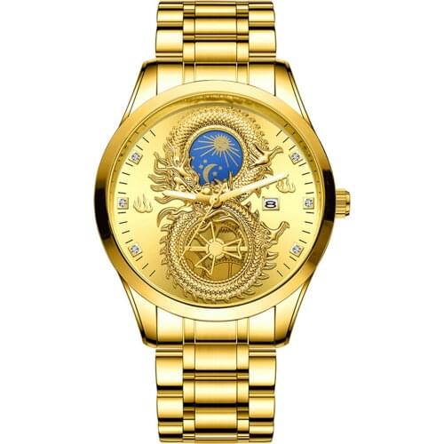Dragon Phoenix Mens Luxury Business Watch Moon and Star Glow in the Dark Calendar Gold Plated Waterproof XIN-Shipping