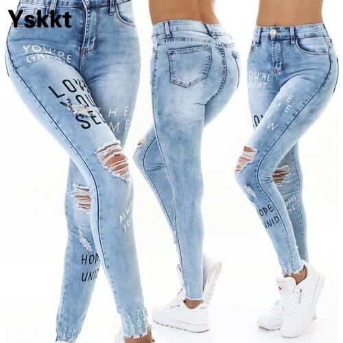 Jeans Woman High Waisted Straight Skinny Stretchy Pant Streetwear Women Letter Print Hole Washed Denim Pencil Pants Trousers