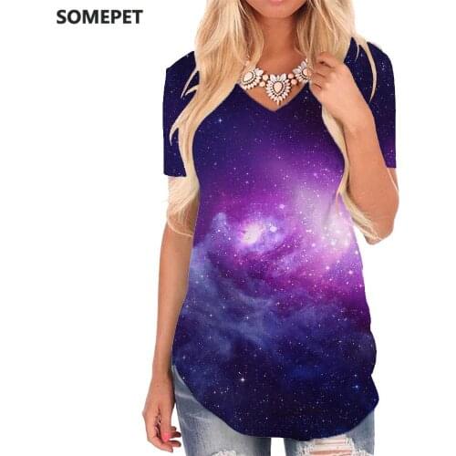 SOMEPET Galaxy T-shirt women Nebula V-neck Tshirt Sky T-shirts 3d Purple Tshirts Printed Womens Clothing Summer Casual Tops