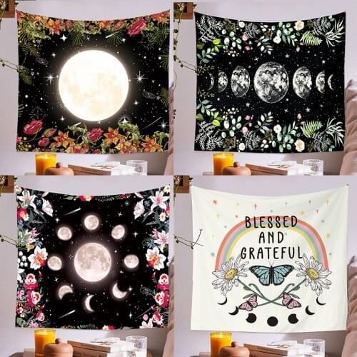 Moonlit Garden Tapestry, Luxury Butterfly Moon Phase Flower Wall Hanging for Bedroom 150x130cm