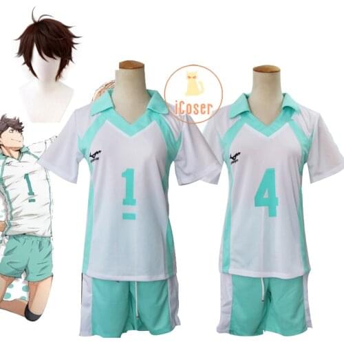 Haikyuu Aobajohsai High Cosplay No.1 Oikawa Toru No.4 Hajime Iwaizumi Jersey Sportswear T-Shirt+Shorts Costume Halloween Wig