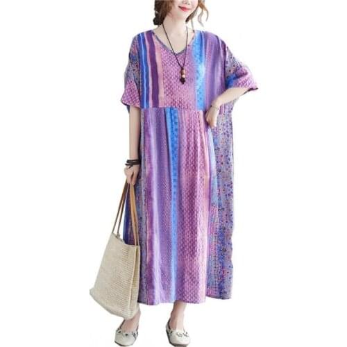Oversized Cotton And Linen Boho Pastel Robes Retro Casual Vacation Ukraine Floral Print Plus Size Dress Women Loose Vestidos