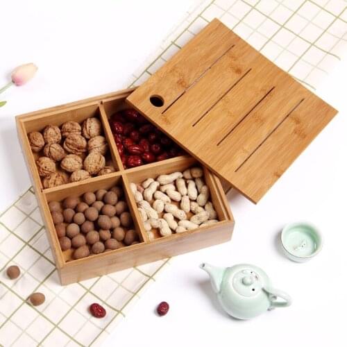 Multifunctional bamboo candy box dried fruit plate with cover solid wood fruit plate portioned compartments snack plate case