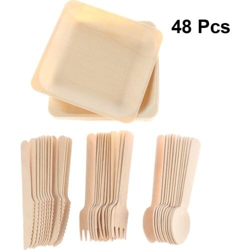 48pcs Disposable Dinnerware Cutlery Set Wooden Dinner Utensils Salad Dessert Plates Spoons Forks Knives For Party Supplies