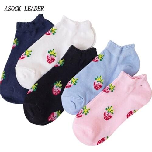 5 Pairs Spring/Summer New Cotton Womens Socks Student Wavy Socks Mouth Strawberry Small Fresh Short Socks Creative Boat Socks