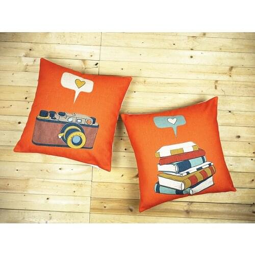 Orange pillow cover, Retro camera books love cartoon throw pillow case pillowcase wholesale