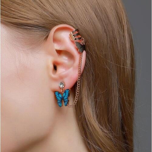 Butterfly Chain Earring Alloy Butterfly Tassel Earring Colorful Butterfly Cuff Earring Fashion Jewelry Accessories for Women