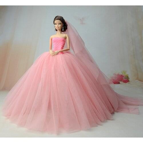 Pink Party Dresses High Quality Long Tail Evening Gown Clothes For Barbie Doll Wedding Dress +Veil 1:6 Doll Accessories Kids Toy