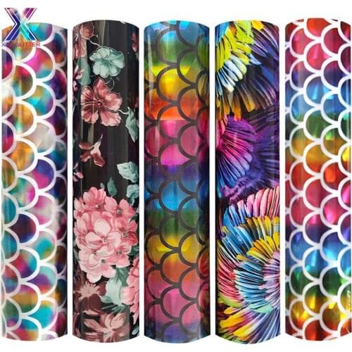 XINFANGXIU 5 Pieces Flower & Mermaid Pattern Heat Transfer Vinyl Bundle HTV 25x30.5cm Sheets Fabric Material Iron on For T-Shirt