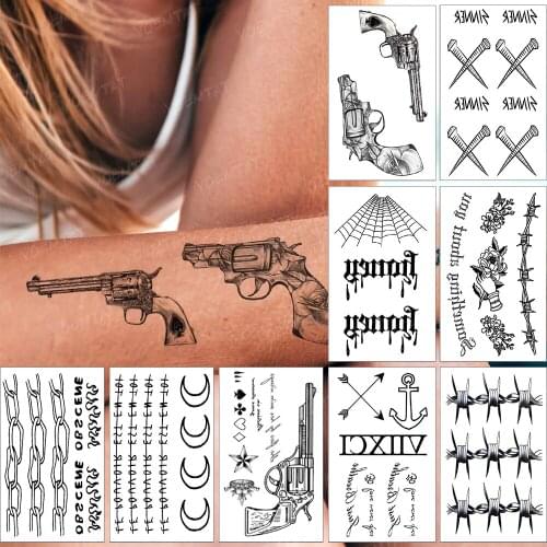 Waterproof Temporary Tattoo Sticker Pistol Flower Black Tatto Realistic Body Art Tatoo Woman Man Child Fake Flash Tattoos