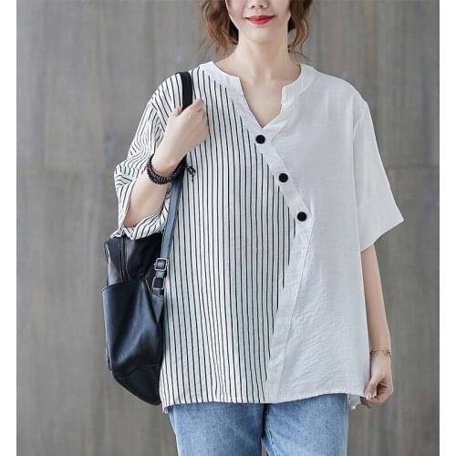 Oversized Women Cotton Casual T-shirts New Arrival 2021 Summer Simple Style Vintage V-neck Striped Loose Female Tops Tees B027