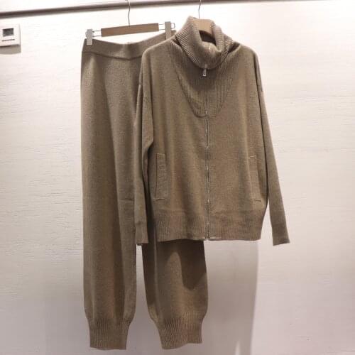 Womens Luxury Two Pieces 30%Cashmere + 45% Wool Suits Female Turtleneck Warm Mink Cashmere Knit Tops + Wool Pant Sets WY260