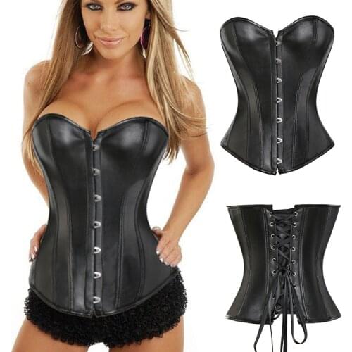 Womens Sexy Satin Overbust Corset Waist Trainer Gothic Lace up Boned Overbust Bustier Brocade Basque Corset Lingerie Plus Size