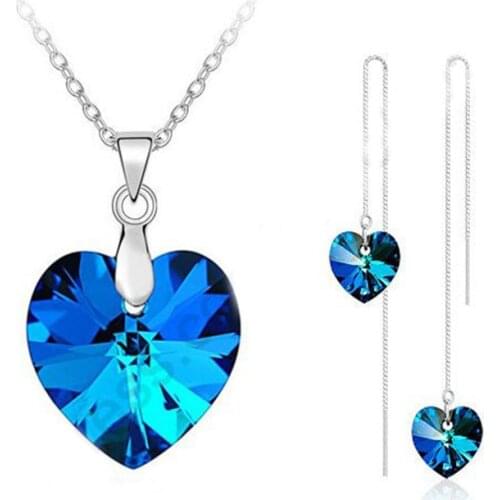 Top Sale Romantic Crystal Ocean Heart Real 925 Sterling Silver Pendant Necklace Earring Jewelry Gift Sets for Women Girls