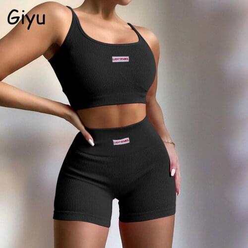 Giyu Sexy Slim Sport Two Piece Set Women 2021 Summer Causal Sleeveless Crop Top Shorts Set Jogging Femme Tracksuit 2 Piece Set