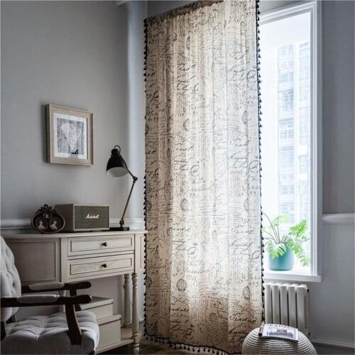 1.5M Width Letter Printing Black Tassel Kitchen Living Room Curtain Cotton Linen Semi-shading Bay Window Curtain Home Decoration