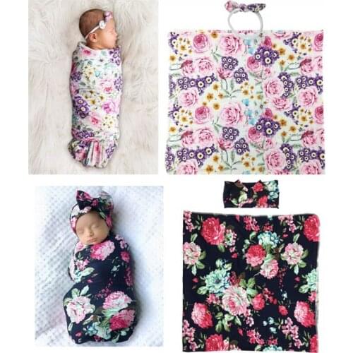 2 Pcs Newborn Floral Swaddle Wrap+ Headband Set Baby Infants Cotton Receiving Blanket Sleeping Bag Hair Band