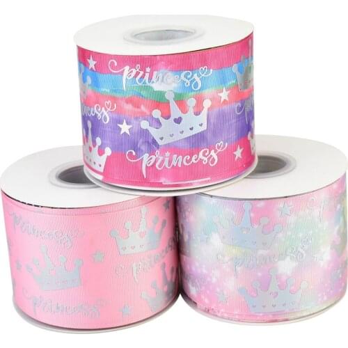 50yards 75mm Silver Foil Crown Princess Grosgrain Ribbon For DIY Accessories Welcome Custom printed