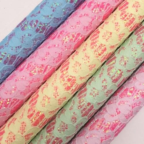 Amonglitter Wholesales Dropshipping Leather Supplier Pastel Lace Glitter Leather Faux Fabric Vinyl Felt Backing 21X29CM MB160